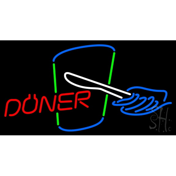 Doner With Logo LED Neon Sign 20 x 37 - inches, Black Square Cut Acrylic Backing, with Dimmer - Bright and Premium built indoor LED Neon Sign for restaurant window and interior decor.