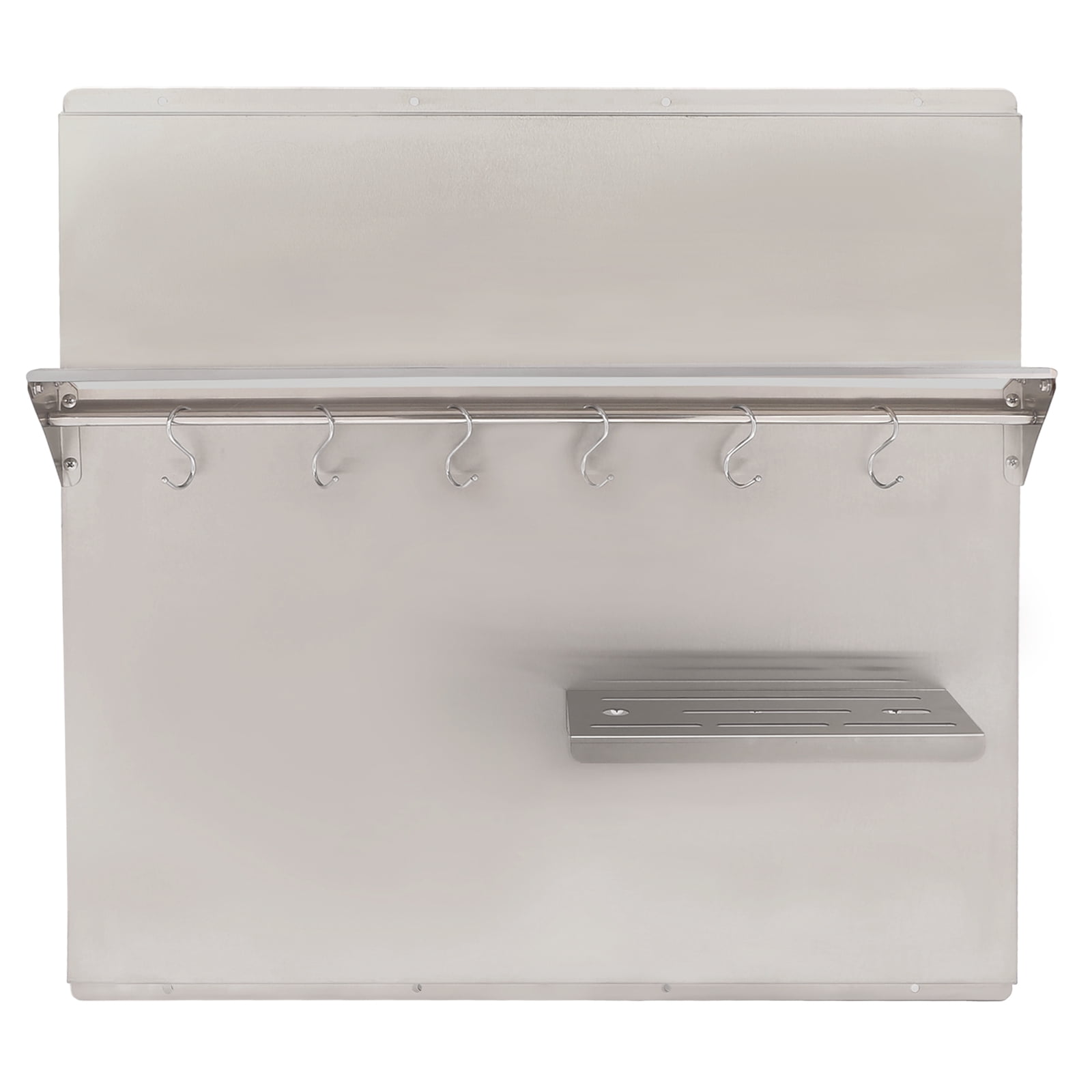 Range Hood Backsplash with Shelf, 201 Stainless Steel Construction, Includes 6 Hooks and Cutting Board Holder, Easy to Clean and Install