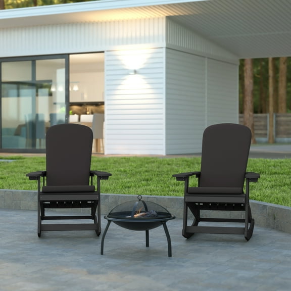 Emma Oliver Set of 2 All-Weather Poly Resin Adirondack Rocking Chairs in Black with Gray Cushions