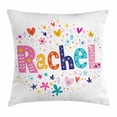 thumbnail image 1 of Rachel Throw Pillow Cushion Cover, Ornamental Lettering with Hearts Stars and Flowers Sixties Inspired Colorful Motifs, Decorative Square Accent Pillow Case, 18 X 18 Inches, Multicolor, by Ambesonne, 1 of 2