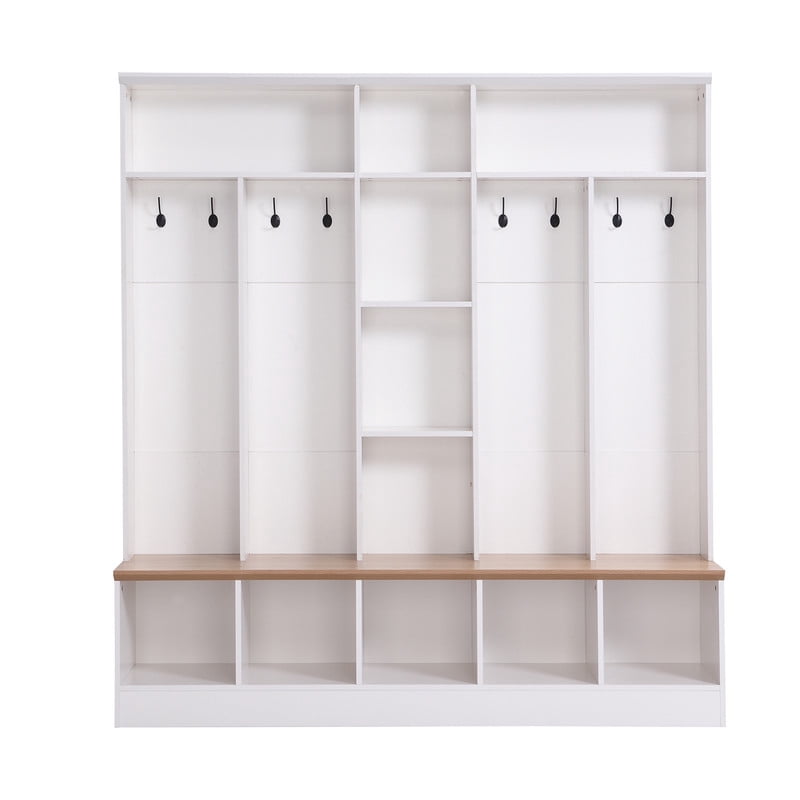 Modern Hall Tree with Storage Bench, Entryway Coat Rack with 8 Hooks, Shoe Cabinet with 5 Cube Compartments and Shelves, Multifunctional Mudroom Organizer for Entryway, Hallway, Living Room