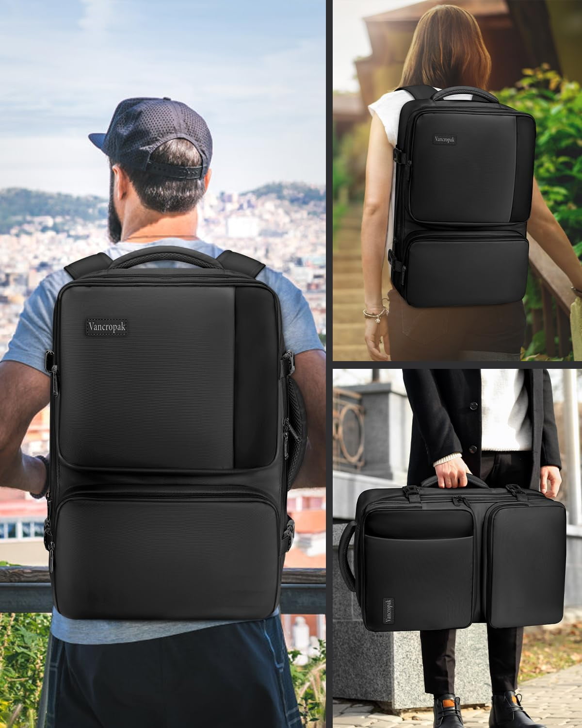 Vancropak Expandable Carry on Backpack, Flight Approved 40L Travel Backpack with 3 Packing Cubes for Men Women, Black