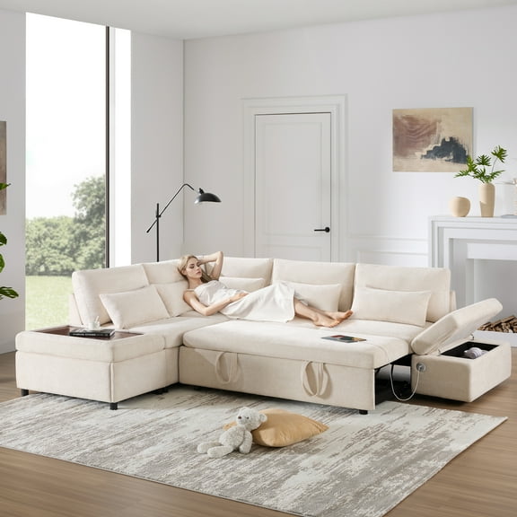 Harper & Bright Designs Sectional Sofa with Pull Out Bed, Convertible Sofa Sleeper with USB, Modular L-shaped Sofa with Movable Storage Ottoman for Living Room, Light Khaki Beige