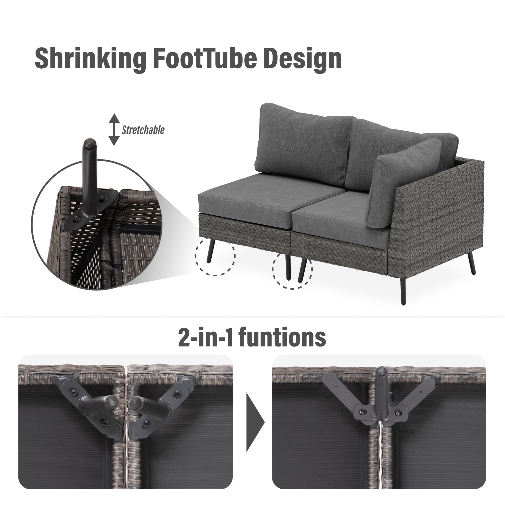 LAUSAINT HOME 8 Pieces Outdoor Furniture Set, Patio Rattan Wicker Sectionals with 6 Chairs and 2 Ottomans, Gray Cushions