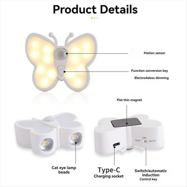 Lámpara de noche LED recargable con sensor de movimiento en forma de mariposa para debajo de armarios, escaleras, dormitorio y cocina.