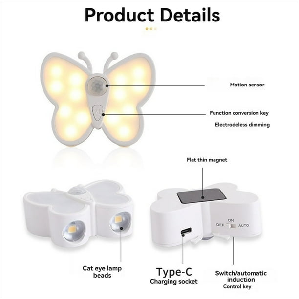 Luz LED con Sensor de Movimiento de Mariposa, Luz Debajo del Gabinete, Lámpara de Noche Recargable, Luz para Armario, Escalera, Dormitorio, Cocina