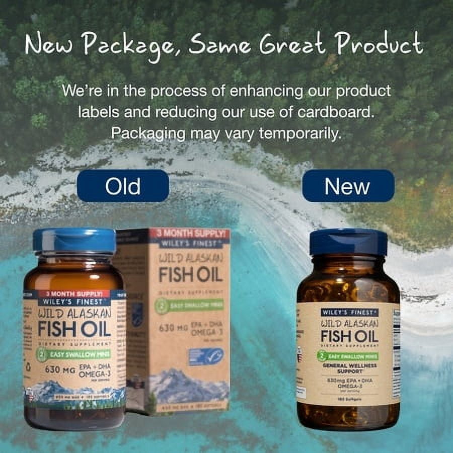 Wiley's Finest Wild Alaskan Fish Oil Easy Swallow Minis - Omega-3 Fish Oil Supplement for Adults and Kids - Double-Strength 630mg EPA and DHA Natural Supplement - 180 Mini Softgels (90 Servings)