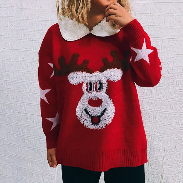 Herrnalise Women s Knitted Crop Tops Autumn Winter Christmas Printing Splicing Lapel Long Sleeve Line Sweater Tops Blouse Pullover Jumper Sweaters Walmart