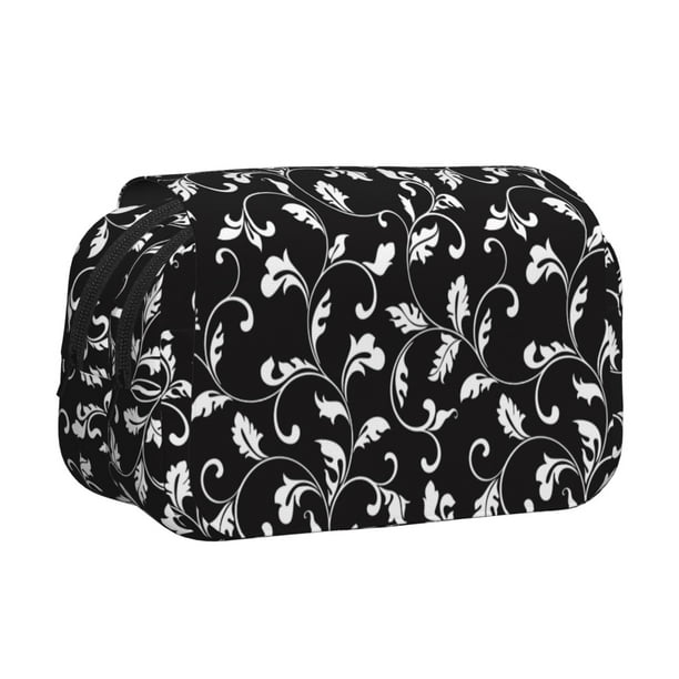 Disketp Black White Leaves Estuche de Lápices de Doble Capa con Tapa Abatible y Cremallera, Organizador Escolar para Adolescentes y Adultos