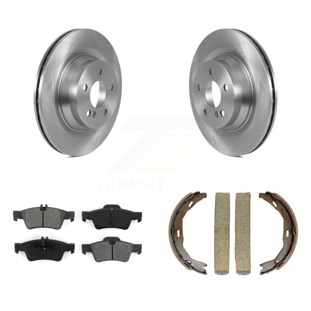 Transit Auto Rear Disc Rotors Semi-Metallic Pads and Parking Brake Shoes Kit for Car 2011 Mercedes-Benz E550 Convertible Sedan with RWD with 320mm Diameter Rotor K8S-104314