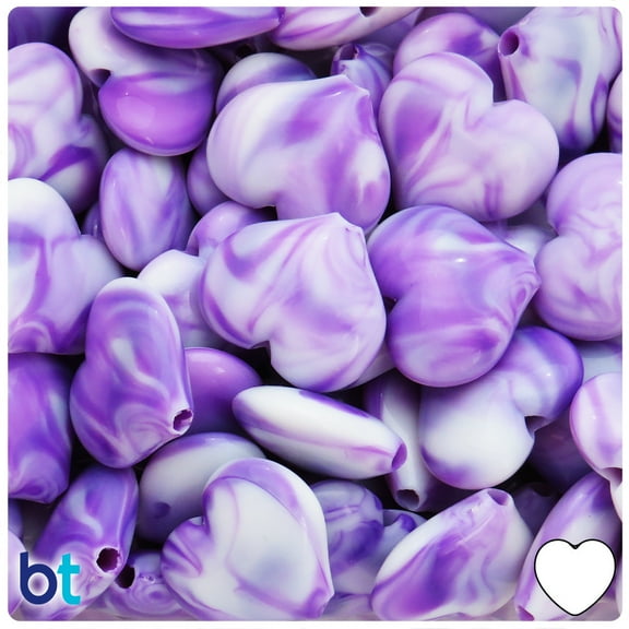 BeadTin Purple & White Swirl Opaque 23mm Heart Plastic Beads (24pcs)