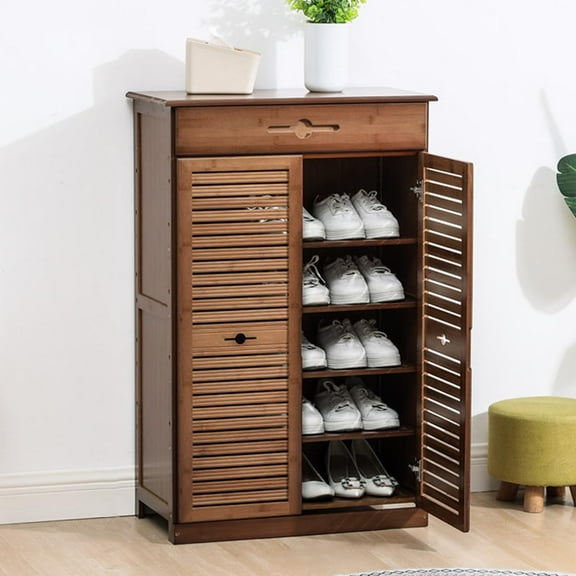 Miumaeov Bamboo Shoe Cabinet with 2 Doors Shoe Organizer Cabinet 5 Tier Standing Shoe Racks Cabinet for Hallway Entryway Living Room