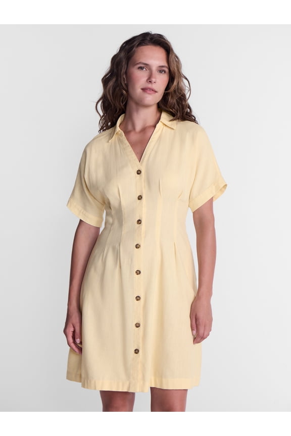 Women's Linen Blend Pleated Mini Shirtdress with Short Sleeves, Sizes XS-XXXL