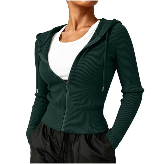 QIYAGBSA Ribbed Zip Up Hoodies for Women Slim Fit Long Sleeve Hooded Jacket with Drawstring Stretch Knit for Cool Fall Winter Days