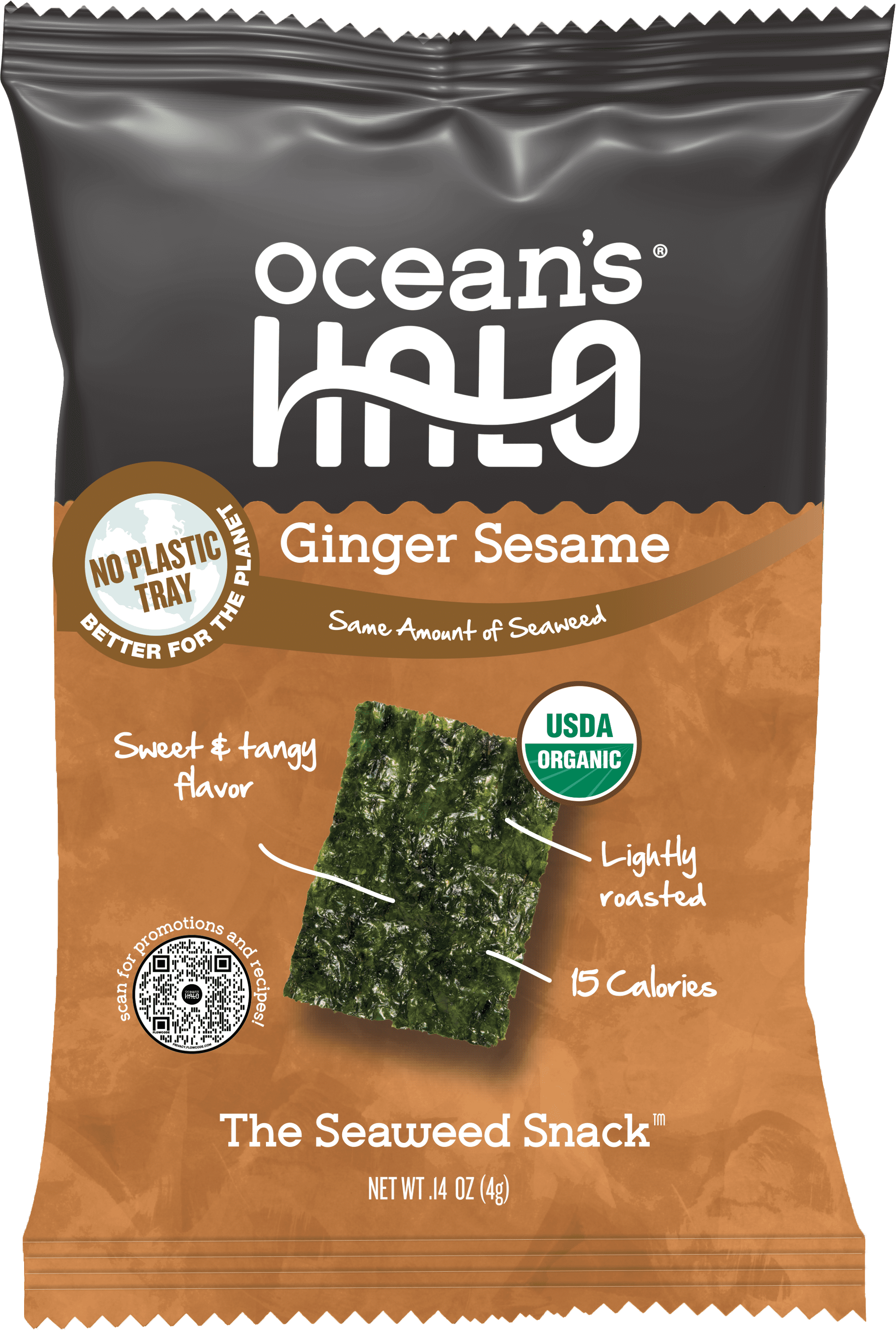 (5 pack) Ocean's Halo, Organic Trayless Seaweed Snack, Ginger Sesame, Vegan, Crispy Shelf-Stable Nori, 0.14 oz