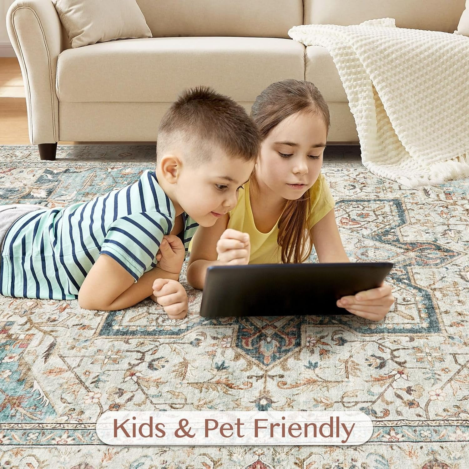 Toyoso 10x14 Area Rug Living Room Rugs - Washable Boho Rug Vintage Oriental Distressed Farmhouse Large Thin Indoor Carpet for Living Room Bedroom Under Dining Table Home Office - Aqua Multi