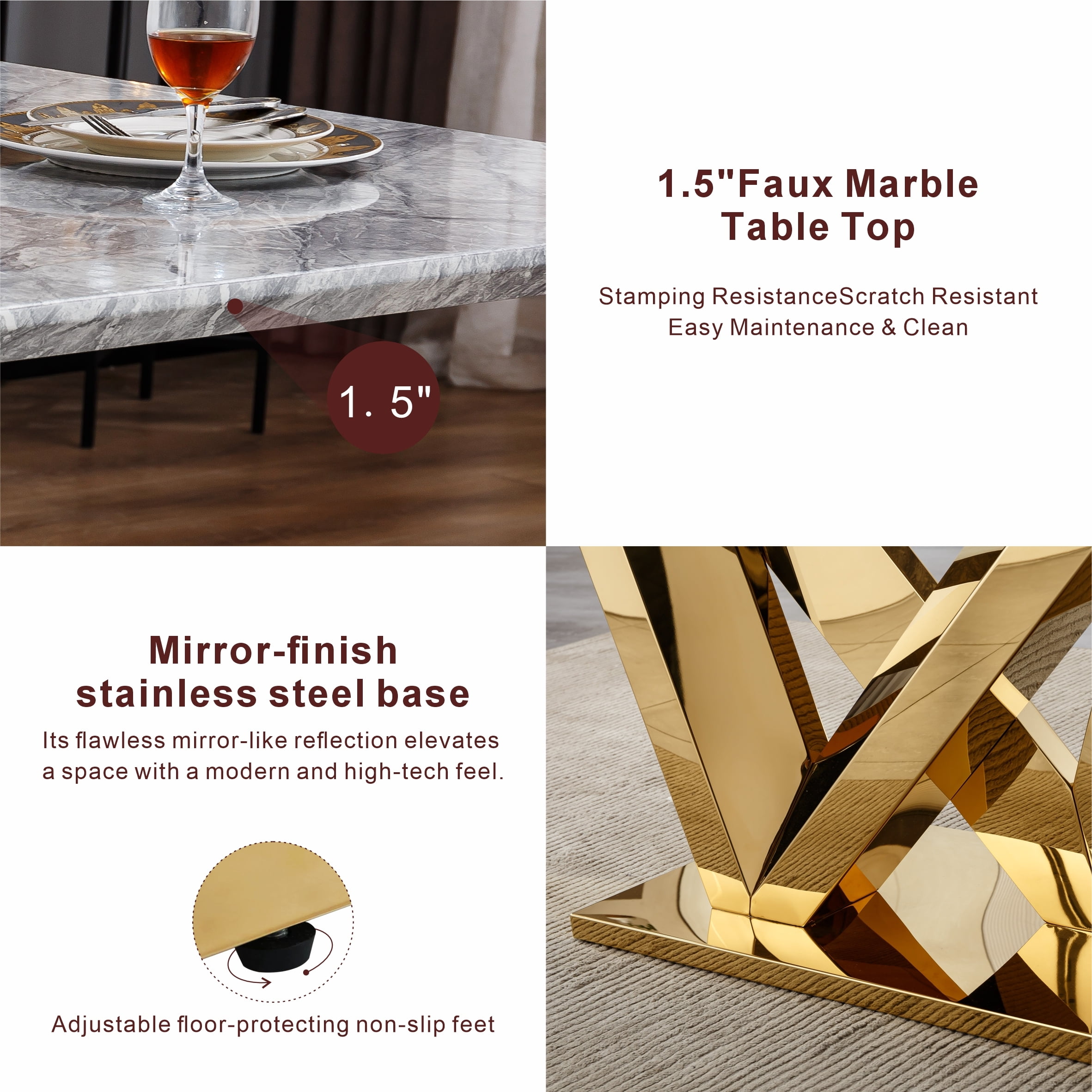 Shikeyi 70" Marble Dining Table for 6-8, Modern Luxury Gold Rectangular Large Kitchen Table, Marble Grain MDF Tabletop & Stainless Steel Base for Kitchen Dining Room, Grey (Table Only)
