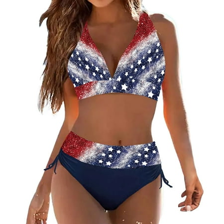MSJUHEG American Flag Swimsuits for Women red White and Blue Swimsuit Women bikini Sets for Women thong Bikini bikini Sets for Women Underwire swimsuit Ties Neck Split Bikini Swimsuit Blue S