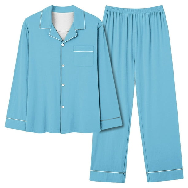 Conjunto de pijama de poliéster con cuello en V para mujer - Camiseta de manga larga y pantalones - Otoño/invierno - Tallas S-XXXL