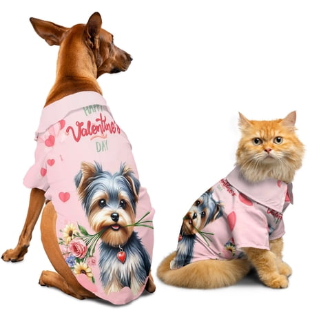 Happy Valentine s Day Yorkshire Terrier holding flowers Hawaiian Summer Shirt for Small Medium Large Dog Cat Yorkie Dog Lover Gifts - 03005