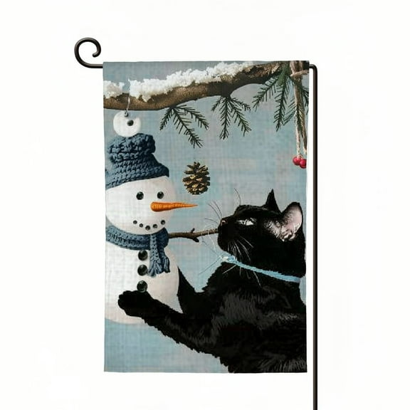 PHYHOO Welcome Winter Garden Flag Double Sided, Burlap Small Snow Black Cat Garden Yard House Flags for Winter Outside Outdoor Decoration White