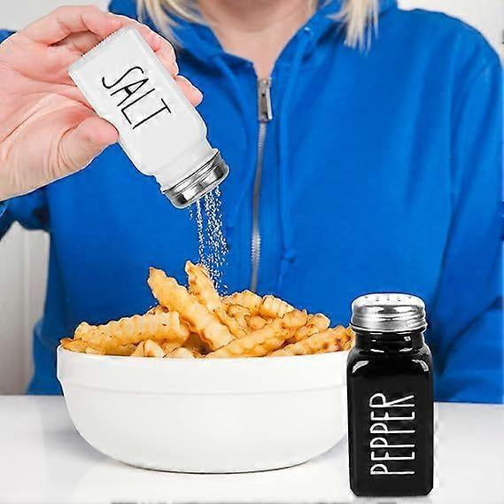 2 Pack Salt and Pepper Shakers Set, Glass Salt Shaker with Stainless Steel Lid, Modern and Cute Farmhouse Salt and Pepper Set (Black and White)