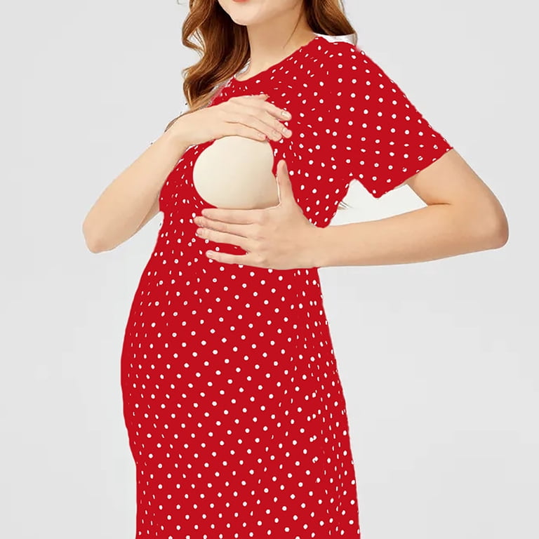 red polka dot maternity dress Fesfesfes Polka Dots Maternity Dress Short Sleeve Tie Waist Fashionable Comfortable Pregnancy Dress for Women Casual Summer Outfit(Red,L), Women's,