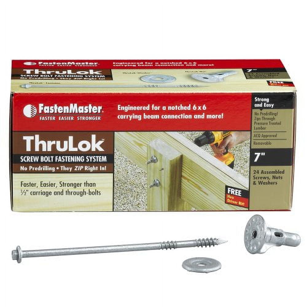 FastenMaster ThruLOK Screw Bolt Fastening System - Carriage Bolt - 24 Count, 7", Silver — Construction & DIY Use, Standard Hardware Spec