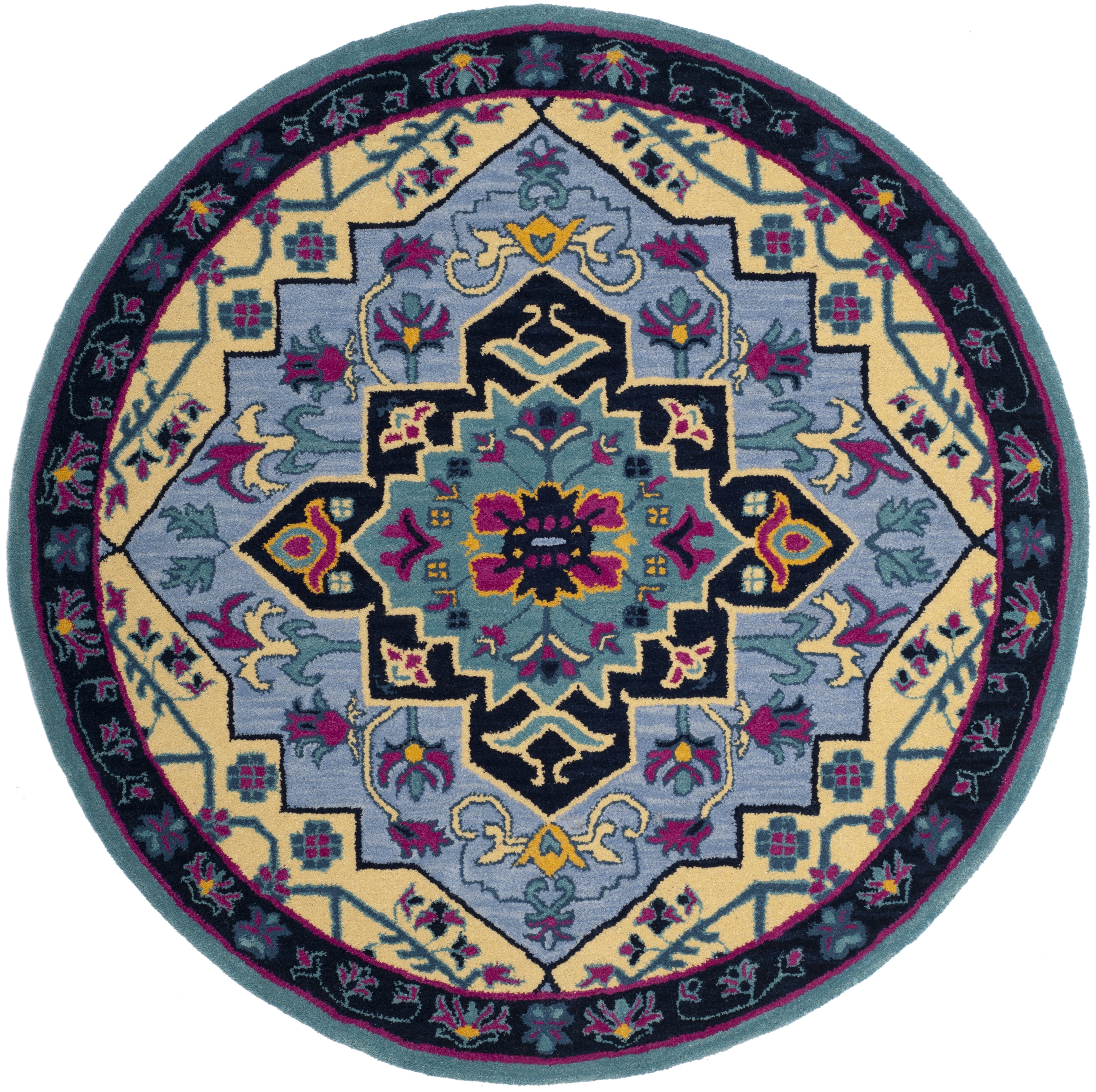 SAFAVIEH Bellagio Trevelyan Bordered Wool Area Rug, Light Blue/Multi, 5' x 5' Round