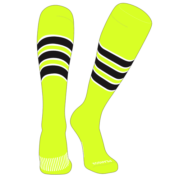 PEAR SOX Striped OTC Baseball, Softball, Football Socks (C) Neon Yellow, White, Black (XS)