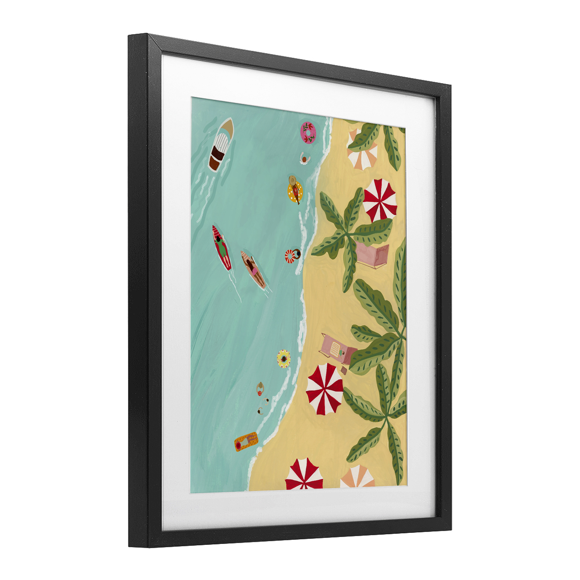 Busy Beach Day Hangout Black Framed Print Under Glass, design by Nabeela Rumi