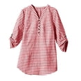 thumbnail image 3 of Vivianyo HD Women's V Henley Gingham Plaid Blouse, Adjustable Roll Tab Three Quarter Sleeve Shirt for Women, Spring Summer Casual Tunic for Grocery Runs and Neighborhood Walks, Sizes S-2XL, 3 of 7