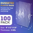 thumbnail image 2 of Clear Gusseted Poly Bags, 8 x 3 x 15 Inches. Pack of 100 Waterproof Side Gusseted Plastic Bags with Open Top. 2 Mil Thick Flat Bottom Clear Bag for Packaging Popcorn, Cookies, Bread, 2 of 7