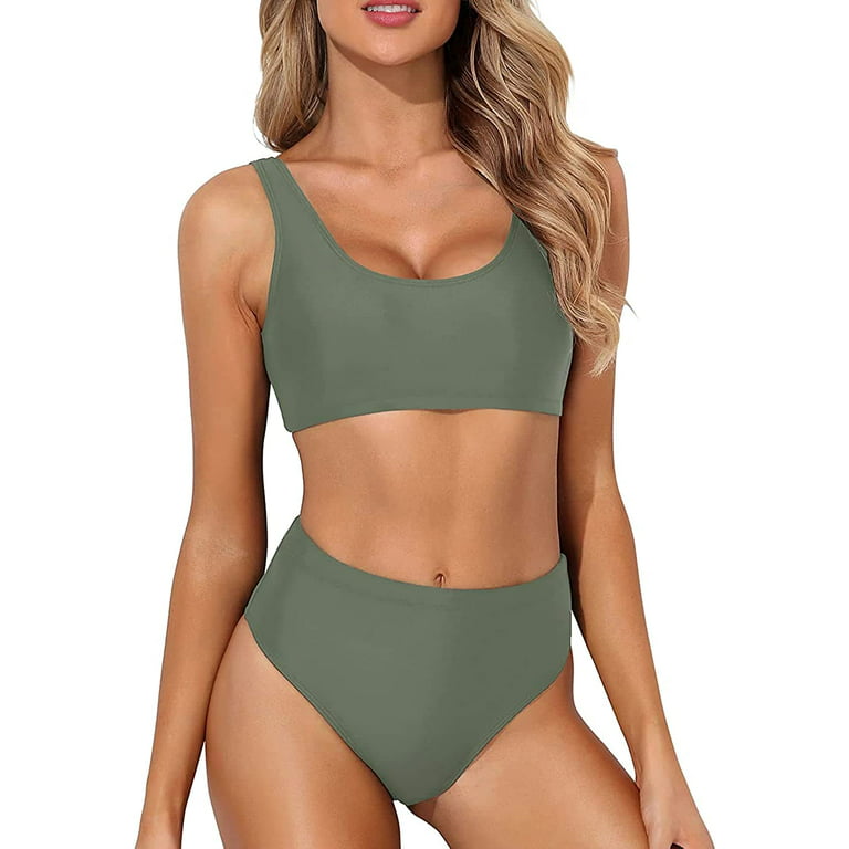 Tempt Me Women Two Piece Scoop Neck Bikini Crop Top High Cut Swimsuit  Sporty High Waisted Bathing Suit with Bottoms 