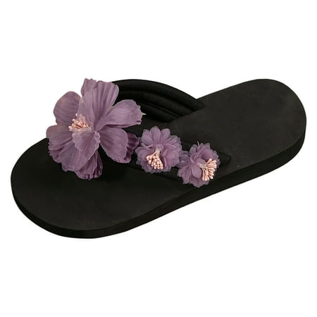 

aDJFDGT Black Strappy Sandals for Women Ladies Flowers Bohemian Wind Outside Wear Beach Thick Bottom Large Size Slope with Sandals Slippers