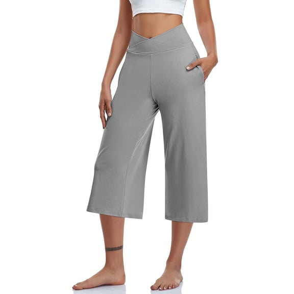 Capris Pants for Women Solid Color Wide Leg Yoga With High Waist Cropped Casual Trousers Loose Oversize Lounge Pants With Pockets