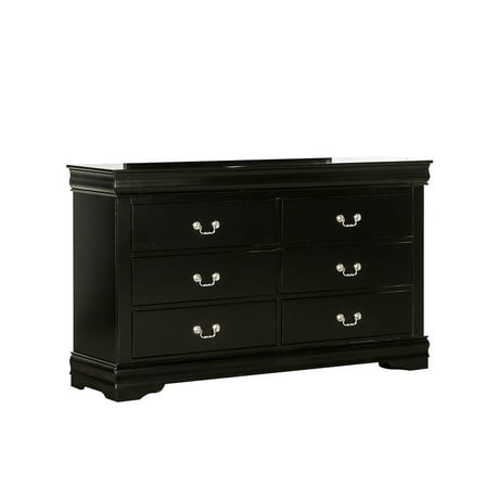 Ryla Wide Dresser, 6 Drawers, Nickel Metal Handles, Black Solid Wood