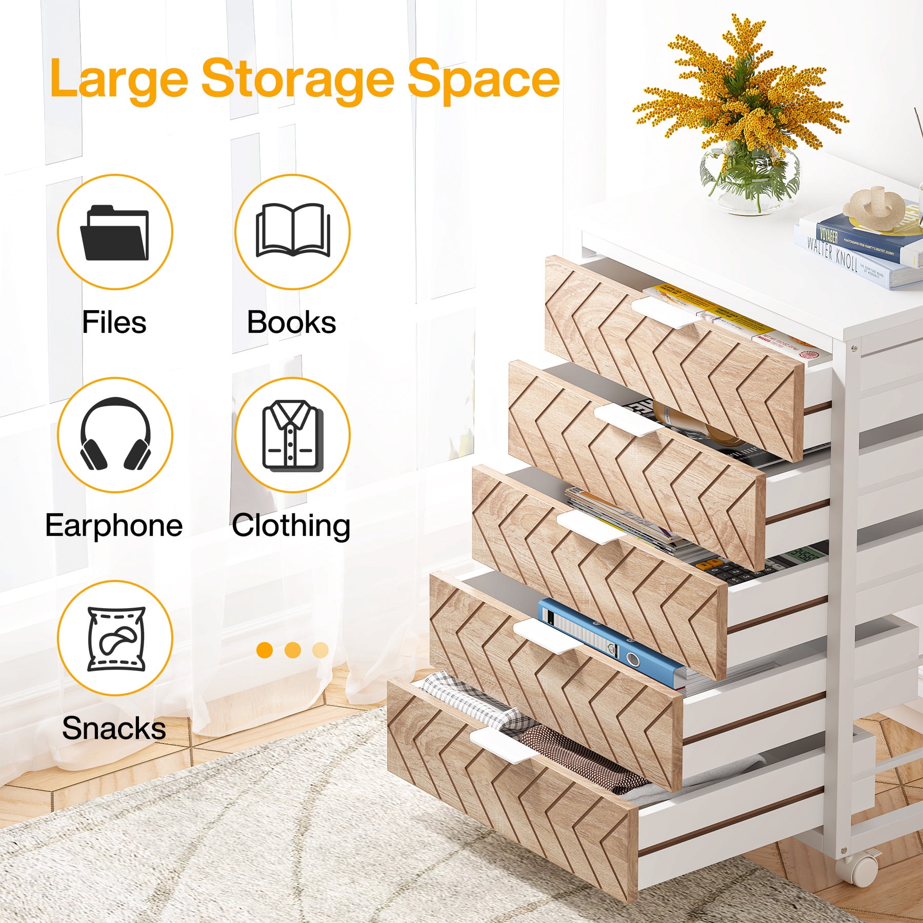 Tribesigns Modern 5-Drawer Dresser for Bedroom, Small Portable Chest of Drawers with Wheels and Metal Frame for Living Room, Beige & White