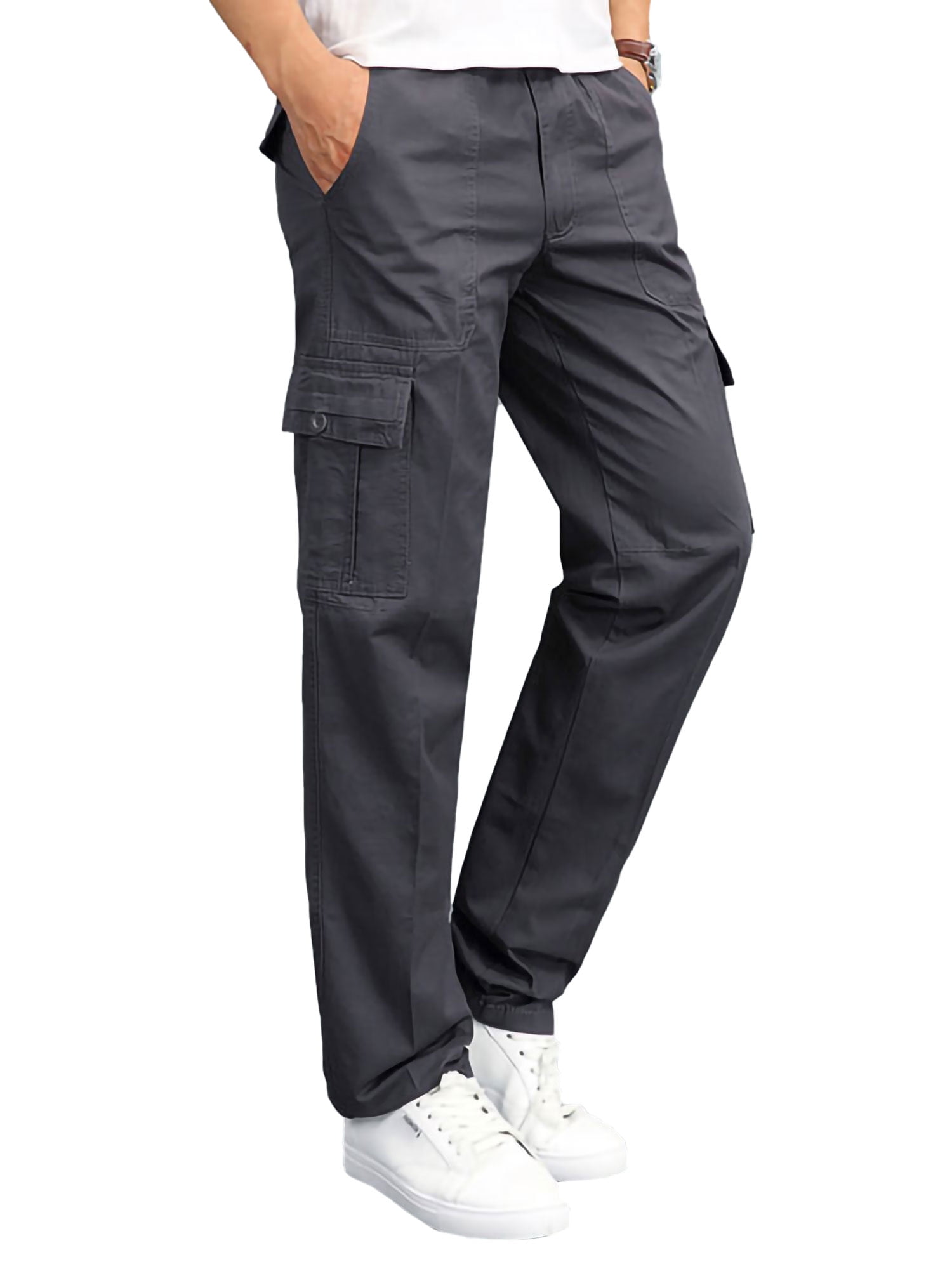 Mens Elasticated Cargo Combat Work Lightweight Trousers Drawstring