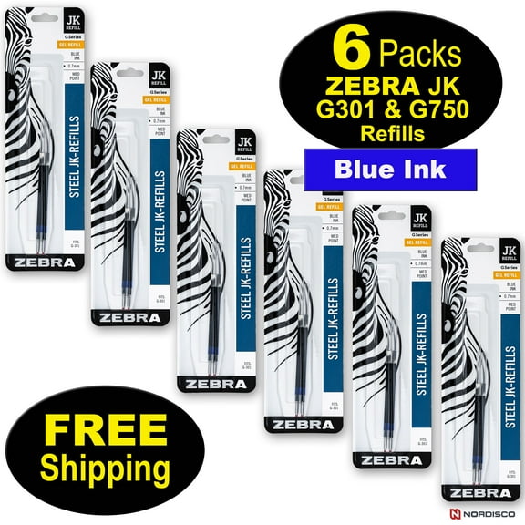 ZEBRA G301, G750 JK Refills 88122, Blue Gel Ink, 6 Packs, FREE Shipping