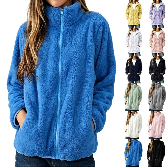 Women's Coat Casual Lapel Fleece Fuzzy Faux Shearling Zipper Coats Warm Winter Oversized Outwear Jackets Blue M