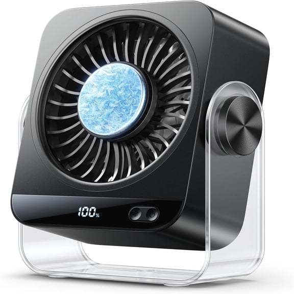 HIBIBUD Desk Fan for Bedroom, 199 Speeds Turbo Airflow, with Ice Cooling, Digital Display, 270° Rotating, Rechargeable, Black