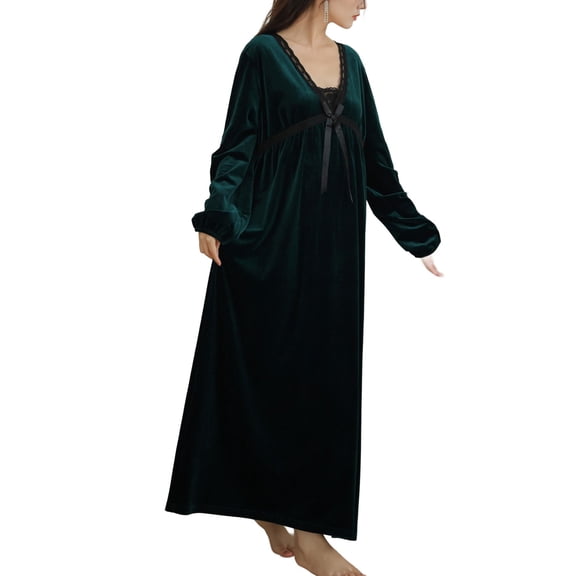 SWSMCLT Women's Velvet Nightgown Velour Long Sleeve V Neck Lace See Through Vintage Spring Sleep Dress Soft Warm Long Night Gown Dark Green Medium