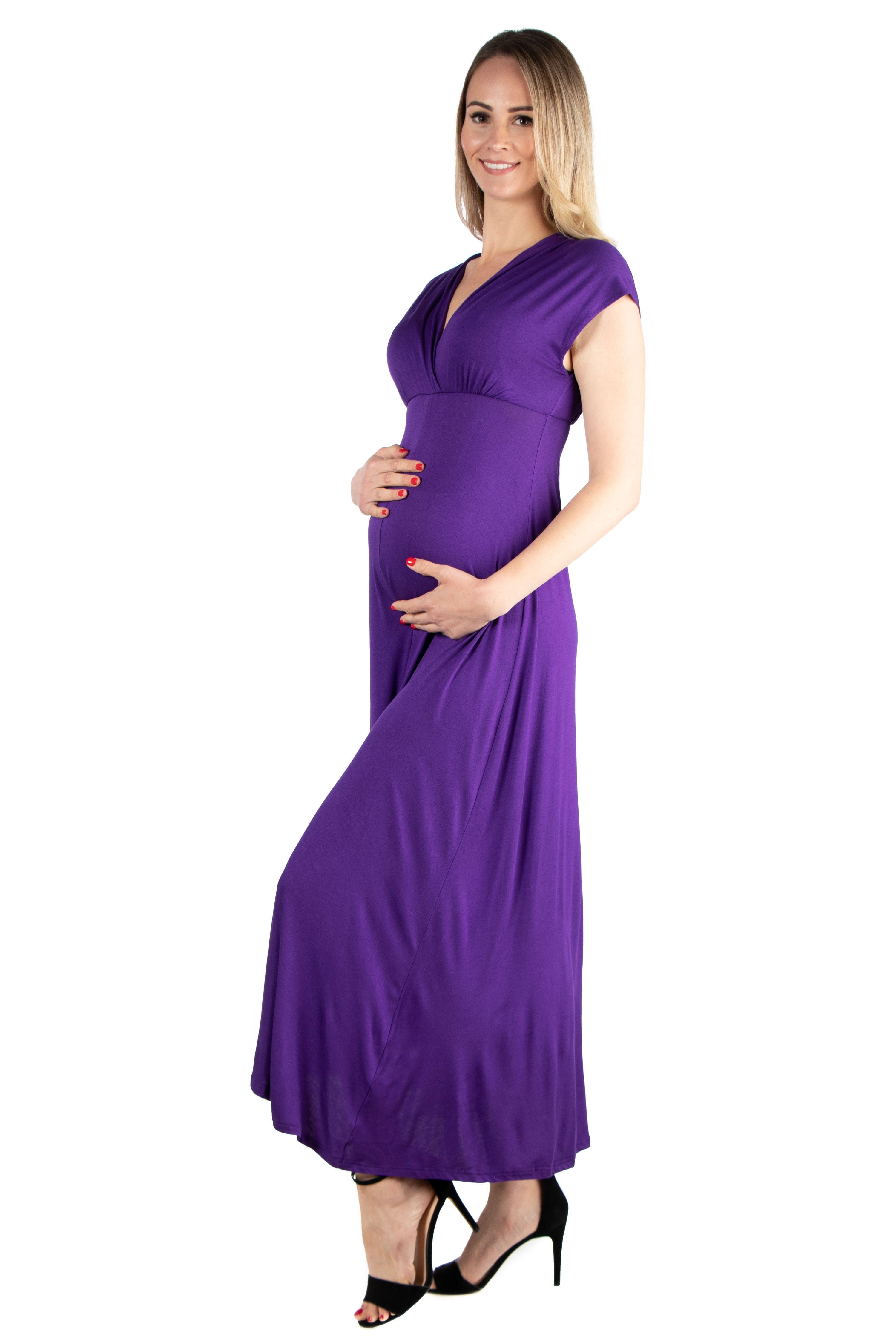 24seven Comfort Apparel Empire Waist V Neck Maternity Maxi Dress