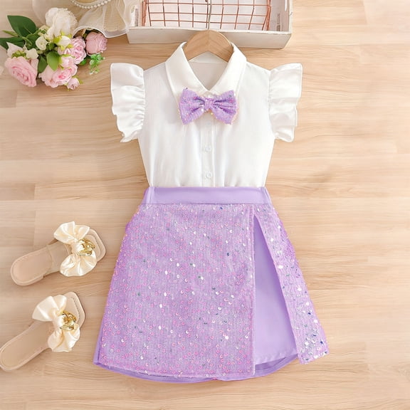 HOMBOM Big Girls Summer Outfits Solid Color Ruffle Flutter Sleeve Bow Shirt & Sequin Split Skort 2 Piece Sweet Casual Set Age 5-14 Years,Purple,13 Years