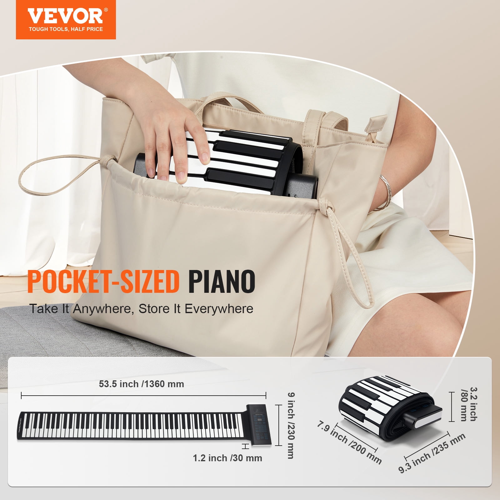 VEVOR 88 Keys Roll Up Keyboard Piano, 128 Rhythms, 128 Tones Portable Electric Digital Hand Roll Piano with Rechargeable Battery 2W Speaker LED Display 5 Ports MIDI Function, for Beginners Adults