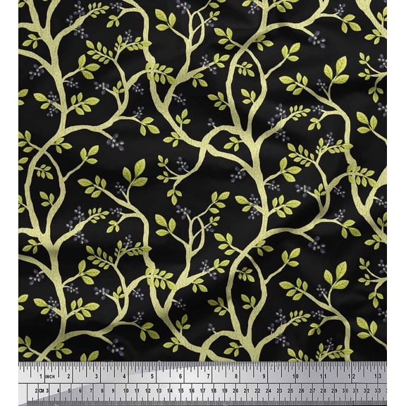 Soimoi Black Cotton Duck Fabric Blueberry Leaves Print Sewing Fabric Yard 44 Inch Wide