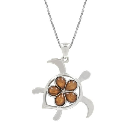 Sterling Silver Koa Wood Turtle with Plumeria Necklace Pendant with 18