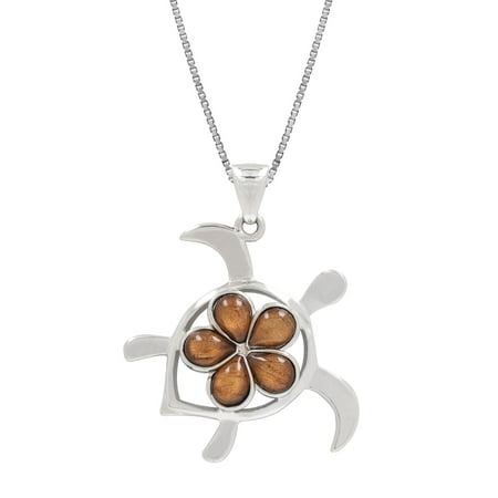 Koa Sea Turtle - Sterling Silver Koa Wood Turtle with Plumeria Necklace Pendant with 18