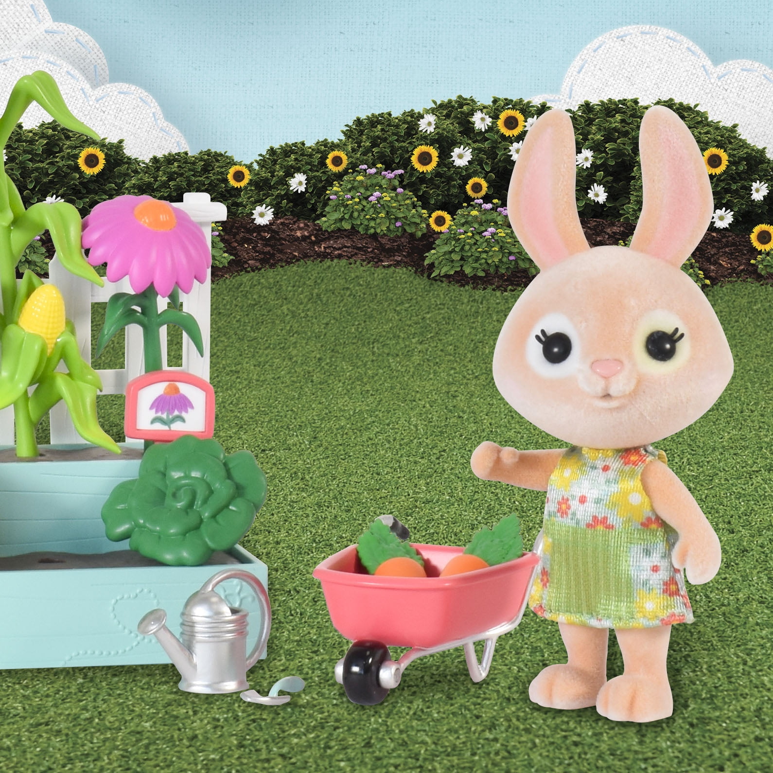Honey Bee Acres Time to Garden Playset – 16 Piece Miniature Dollhouse Set with Bunny Figure, Wheelbarrow, Vegetables & More&nbsp; – Dolls for Kids Ages 3+
